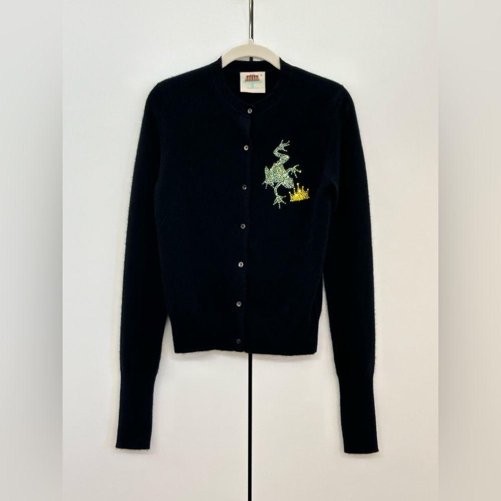 AndCake $575 Black Cashmere “Kiss” Cardigan Sweater w/Swarovski Frog Prince Sz S